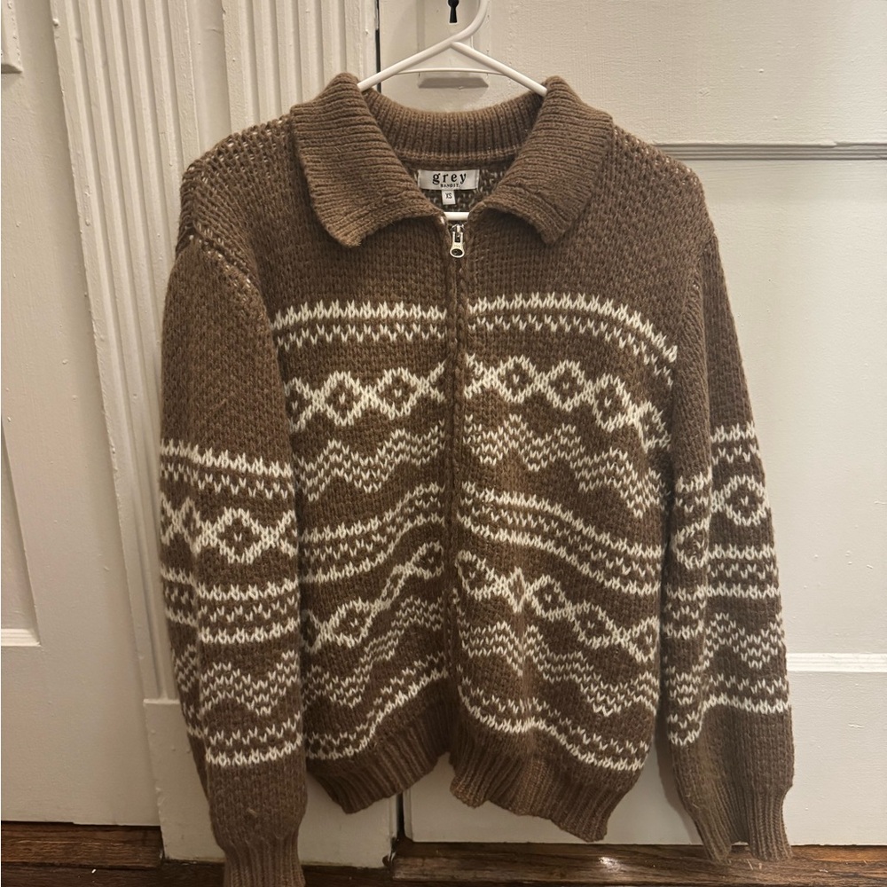 Brown and White Nordic Pattern Zip Up Sweater
